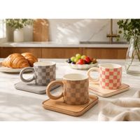 3 Tazas de Cerámica con Plato Cuadrado 250 ml