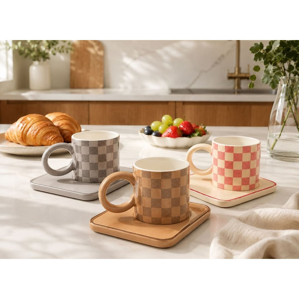 3 Tazas de Cerámica con Plato Cuadrado 250 ml