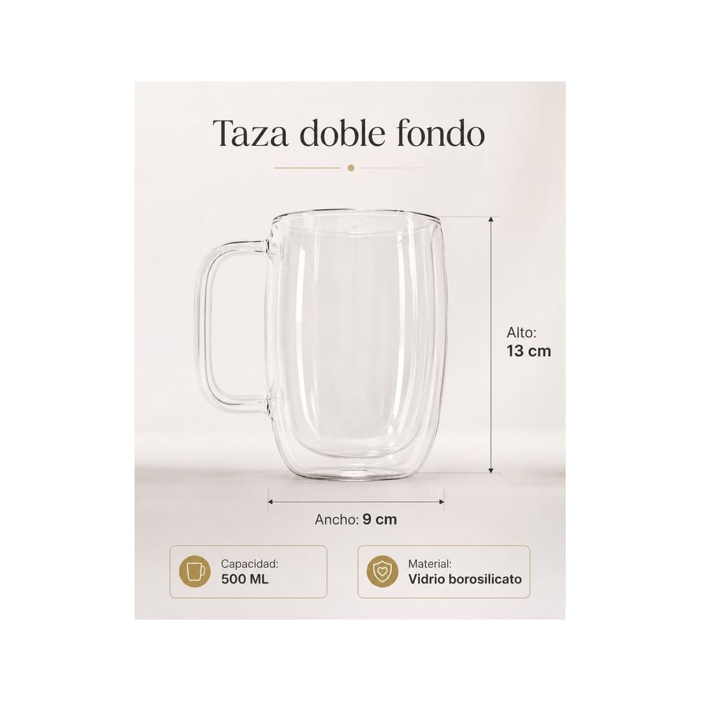 Set x 4 Tazas Doble Fondo Vidrio Borosilicato Premium 500 ML