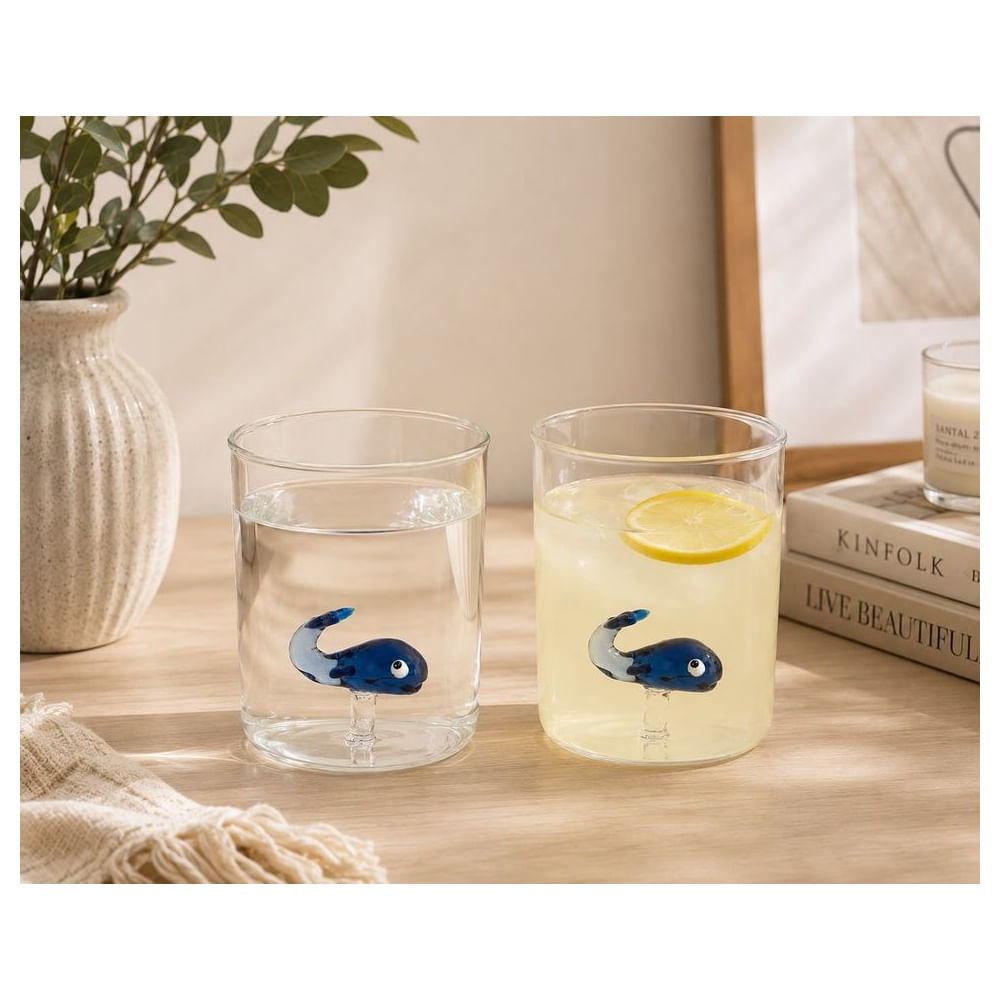 4 Vasos con Ballena Azul 3D de Vidrio Borosilicato 350 ml