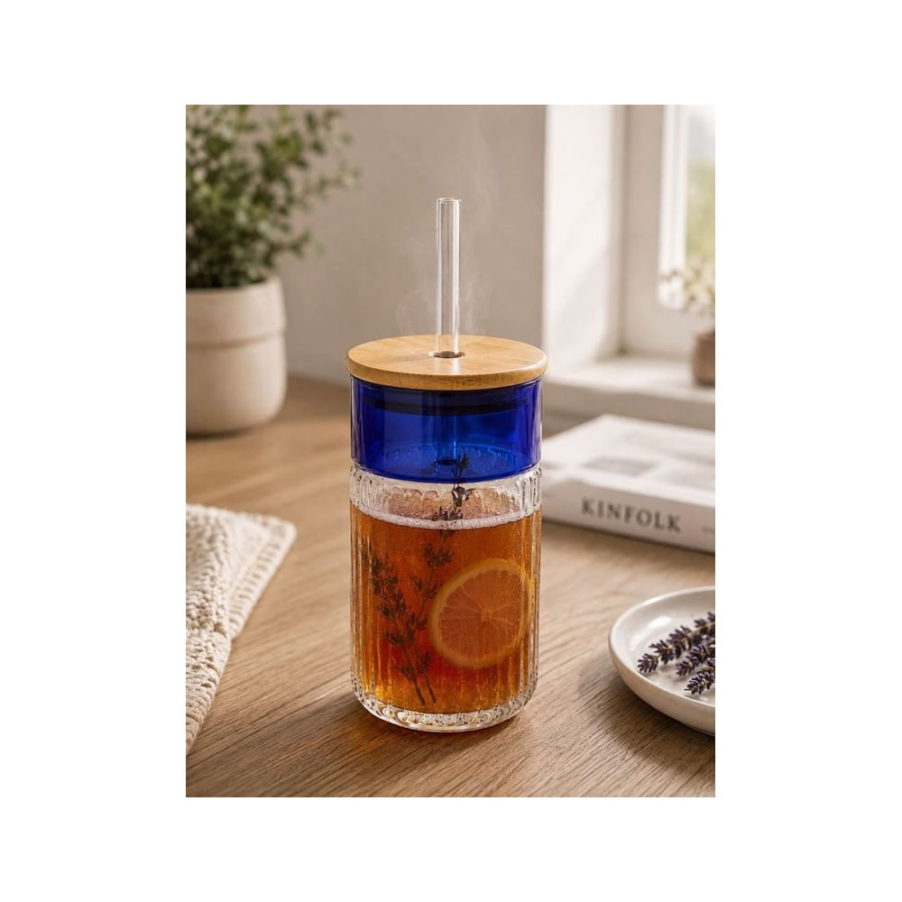 Vaso Premium de Vidrio Borosilicato 480 ml con Tapa de Bambú y Sorbete Reutilizable