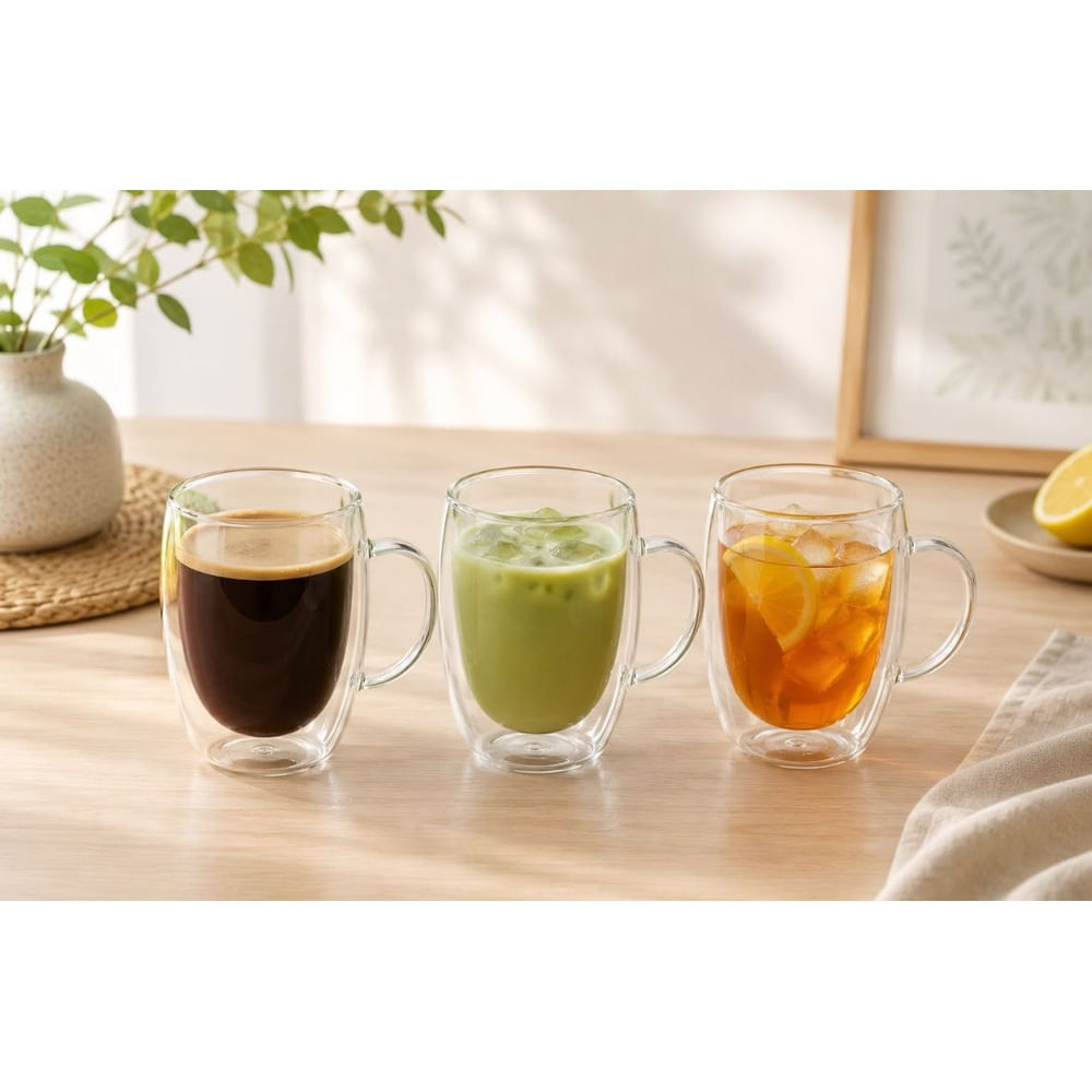 6 Tazas Premium de Vidrio Borosilicato 350 ml Doble Fondo para Bebidas Calientes y Frías