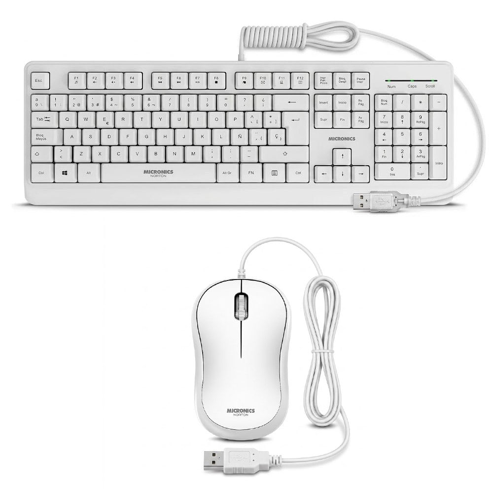 Kit Multimedia Teclado y Mouse USB Micronics Norton Blanco Waterproof UV 1000DPI MIC T100W