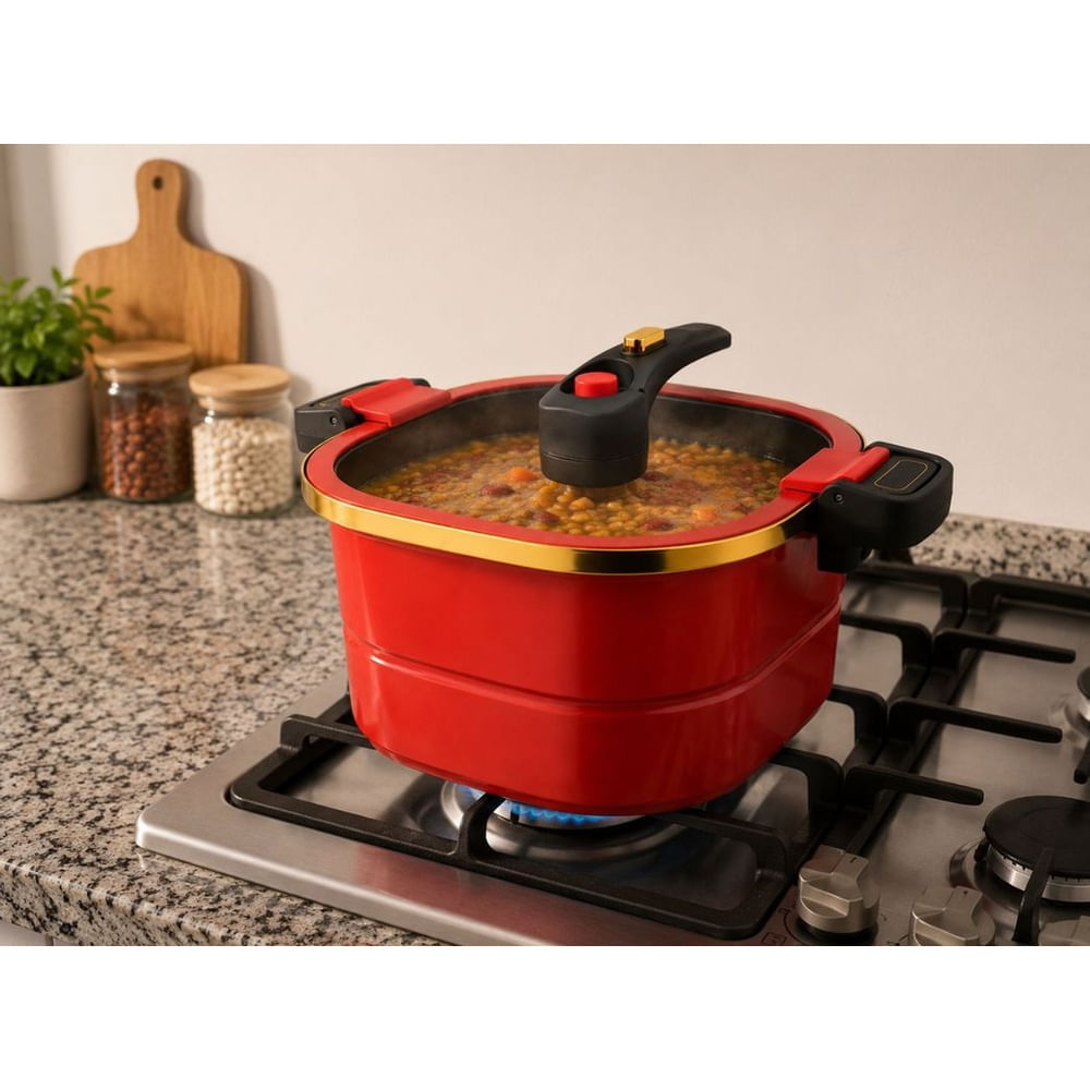 Olla a Presión Cuadrada con Tapa de Vidrio Borosilicato y Rejilla Interior