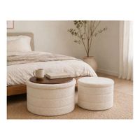 Set de 2 Mesas de Centro Tipo Puff Bouclé con Tapa de Madera y Almacenamiento