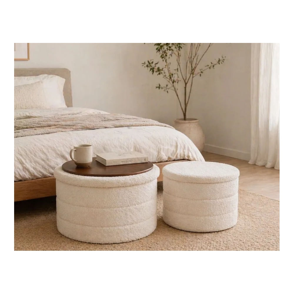Set de 2 Mesas de Centro Tipo Puff Bouclé con Tapa de Madera y Almacenamiento