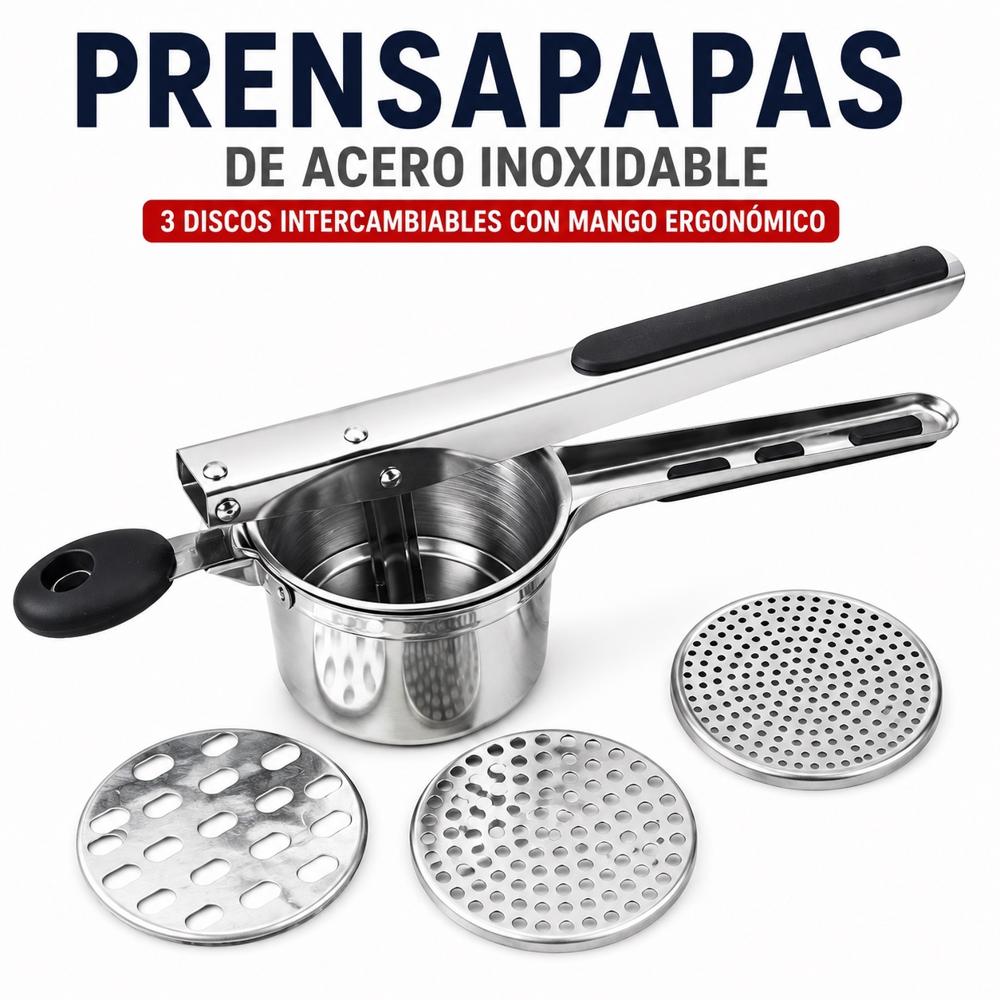 Prensapas de Acero Inoxidable 3 Discos intercambiables con Mango Ergonómico