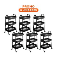 Pack6 Estante compacto 3 niveles con ruedas y asas metal negro para sala y cocina