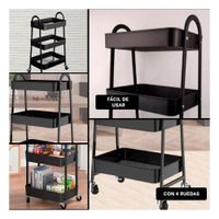 Rack metalico 3 niveles con ruedas y asas negro para organizar hogar