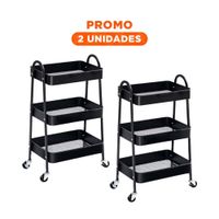 Pack2 Rack movil 3 niveles con ruedas y asas metal negro para sala y cocina