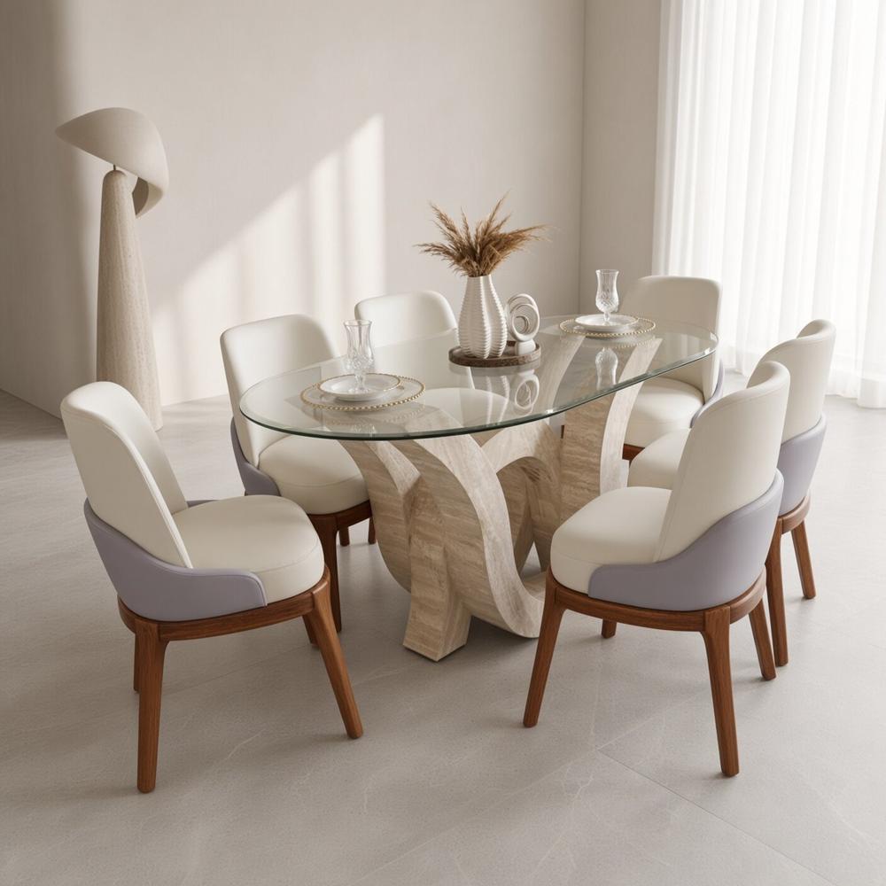 Juego de Comedor Carrara Escultural 6 Sillas Tipo Butaca con Tablero de Vidrio TU MESITA