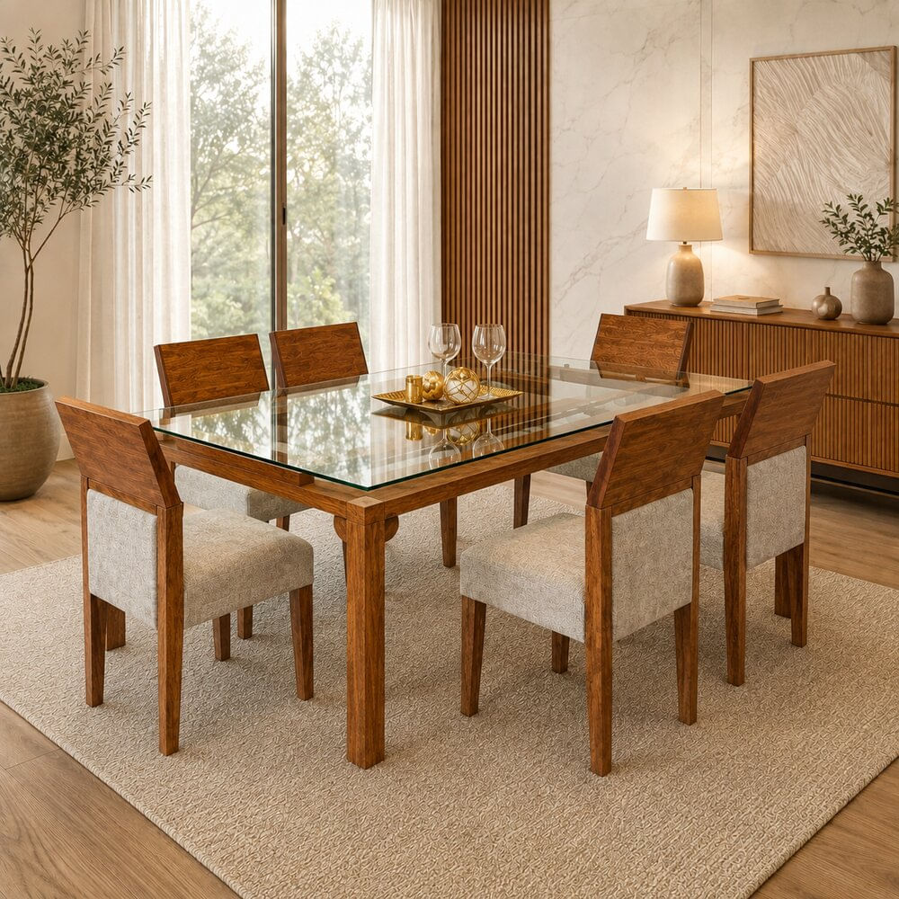 Juego de Comedor Ámbar Clásico 6 Sillas en Madera con Tablero de Vidrio TU MESITA