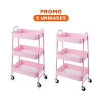 Pack2 Bandeja movil 3 niveles con ruedas y asas metal rosado para sala y cocina