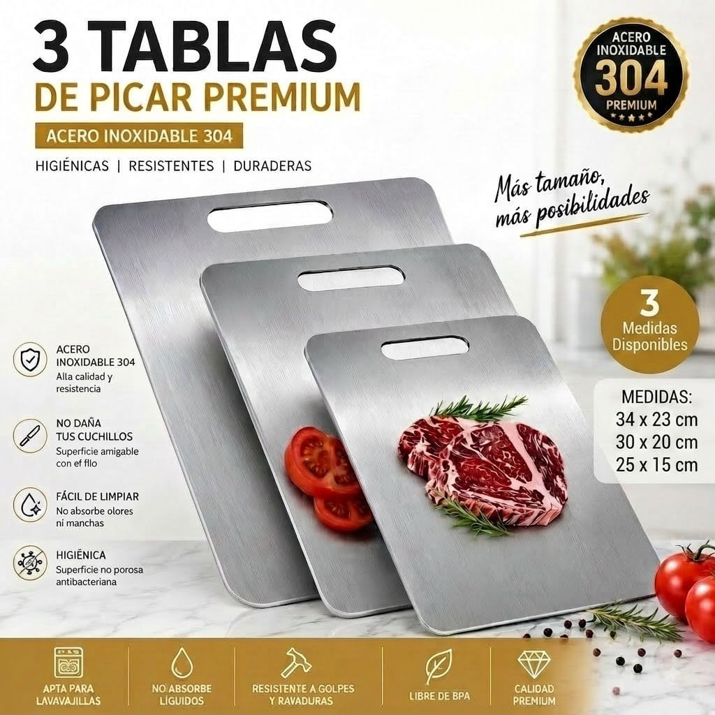 3 TABLAS DE PICAR ACERO INOXIDABLE 34X23 - 30X20 - 25X15 CM DISEÑO PREMIUM.