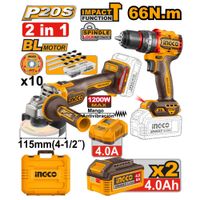 Kit Brushless Taladro Percutor 60NM + Amoladora + 10 Discos + 2 Baterías 4.0AH Y 2.0AH CKLI20273