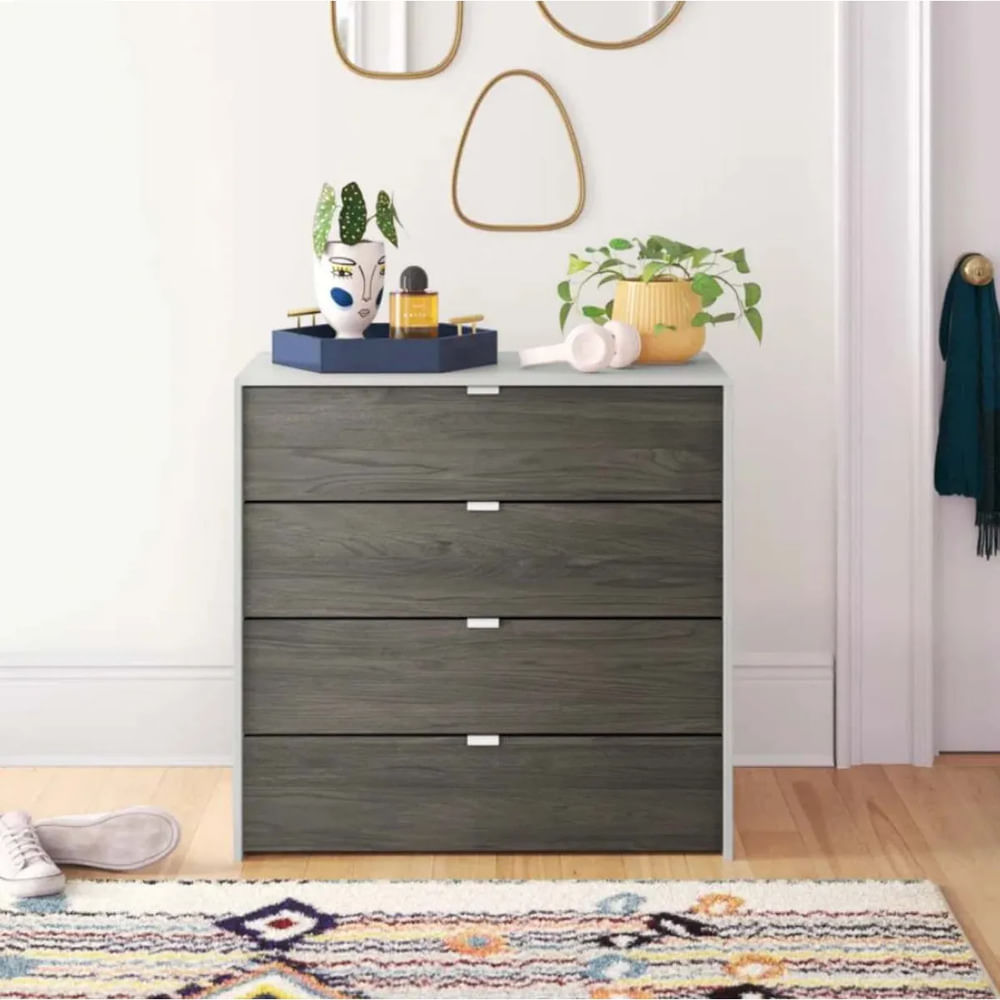 Cómoda Moderna Zozi 4 Cajones Ventitas Home Blanco y Roble Gris