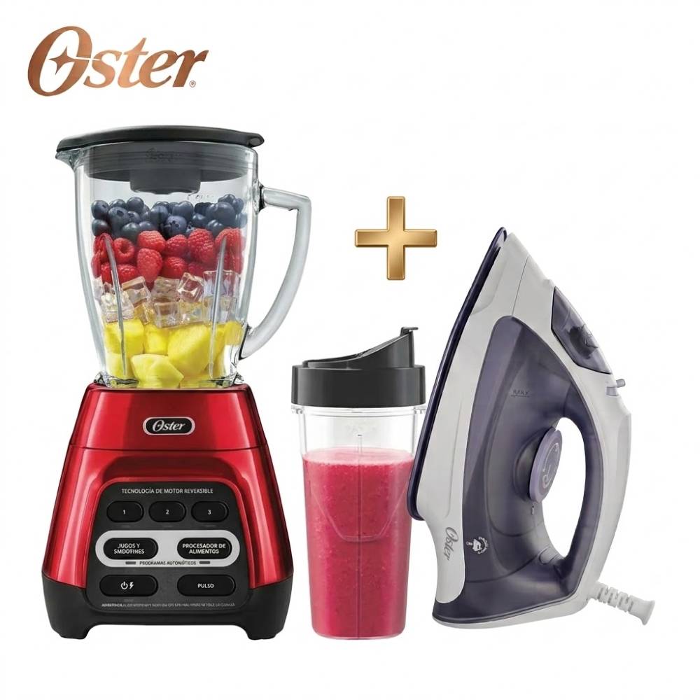 Combo Oster Licuadora BLSTPYG1310RBG con vaso Blend N Go Y Plancha de Vapor Ligera GCSTBS3802