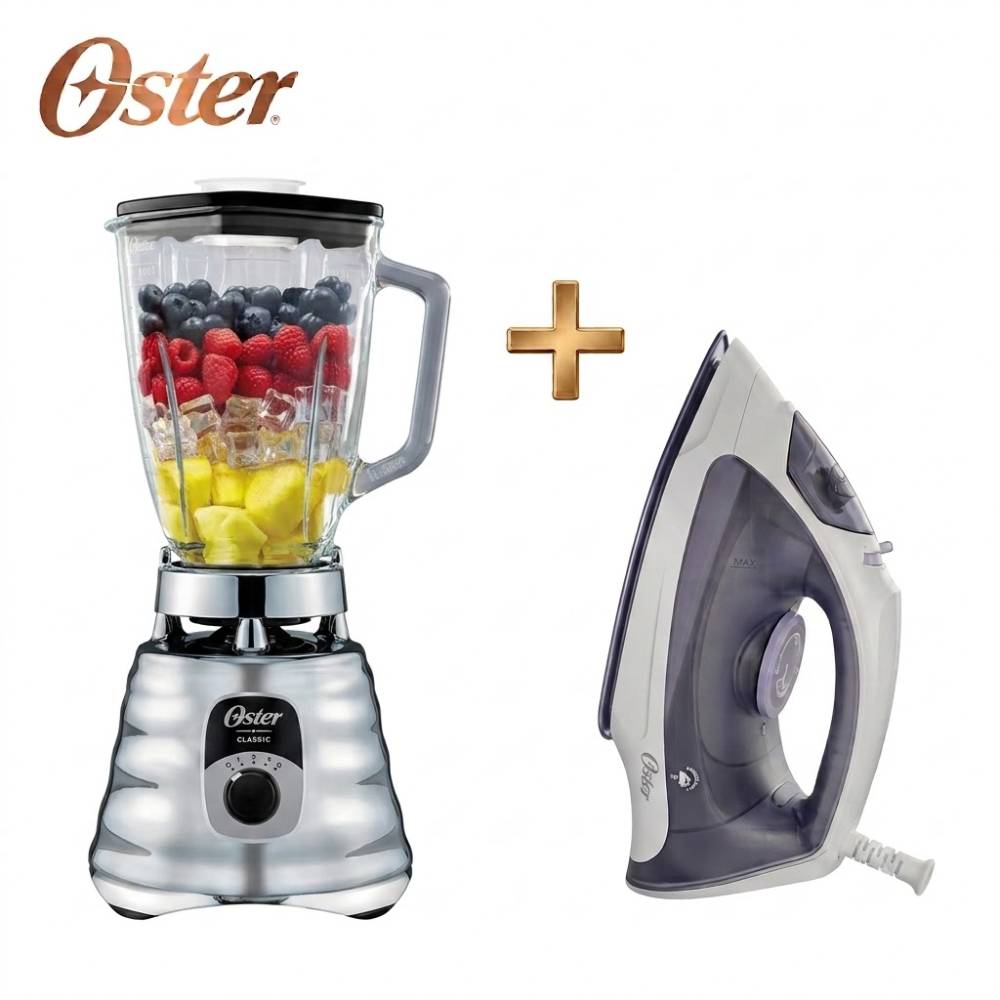 Combo Oster Licuadora con Perilla BLST4655 053 cromado Y Plancha de Vapor Ligera GCSTBS3802