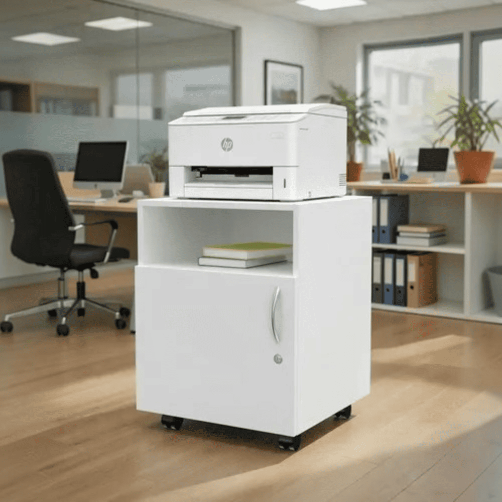 Mueble Auxiliar para impresora de melamina con Puerta Chapa y Ruedas Blanco