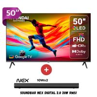 TELEVISOR SMART TV HYUNDAI QLED 50 PULGADAS HYLED5027QFG mas SOUNDBAR NEX DIGITAL 2.0 20W RMS NEGRO