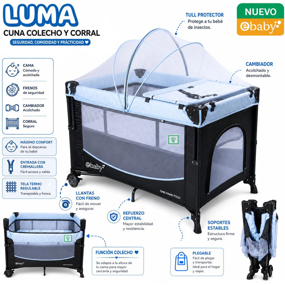 Cuna Colecho Luma Ebaby EB771 Azul