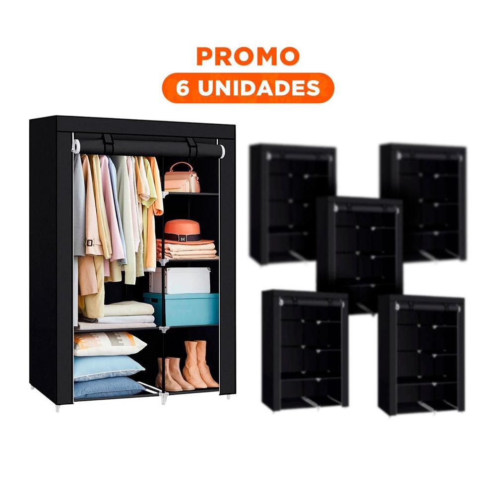 Pack6 Mueble de Tela con Estructura de Metal 105x45x168cm Negro Organizador Pro