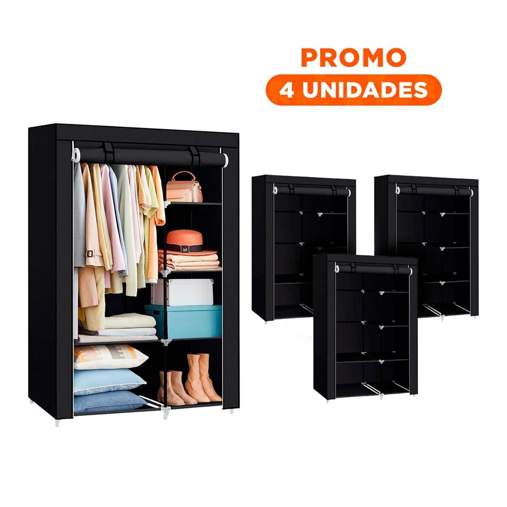 Pack4 Mueble de Tela con Estructura de Metal 105x45x168cm Negro Resistente Y Regalo Sticker