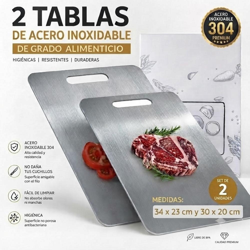 2 TABLAS DE PICAR ACERO INOXIDABLE 34 X 23 Y 30X20 CM DISEÑO PREMIUM.