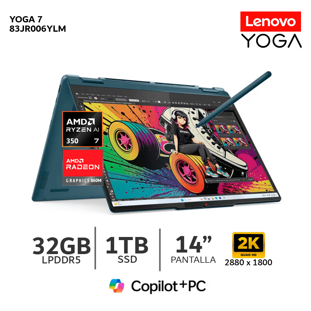 Laptop Lenovo Yoga 7 2 En 1 14AKP10 Ryzen AI 7 350  Ram 32Gb  Ssd 1TB  Pantalla 14   83JR006YLM