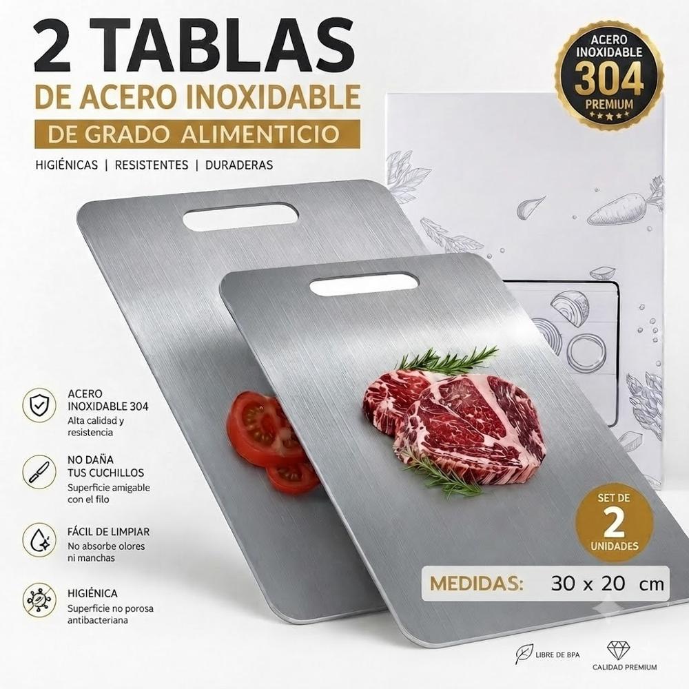2 TABLAS DE PICAR ACERO INOXIDABLE 34X23 Y 30X20CM DISEÑO PREMIUM.