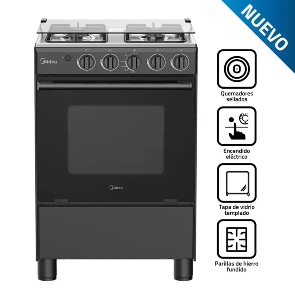Cocina de Pie Midea MGS24FS2LFABBC-PE a Gas 4 Hornillas Negra