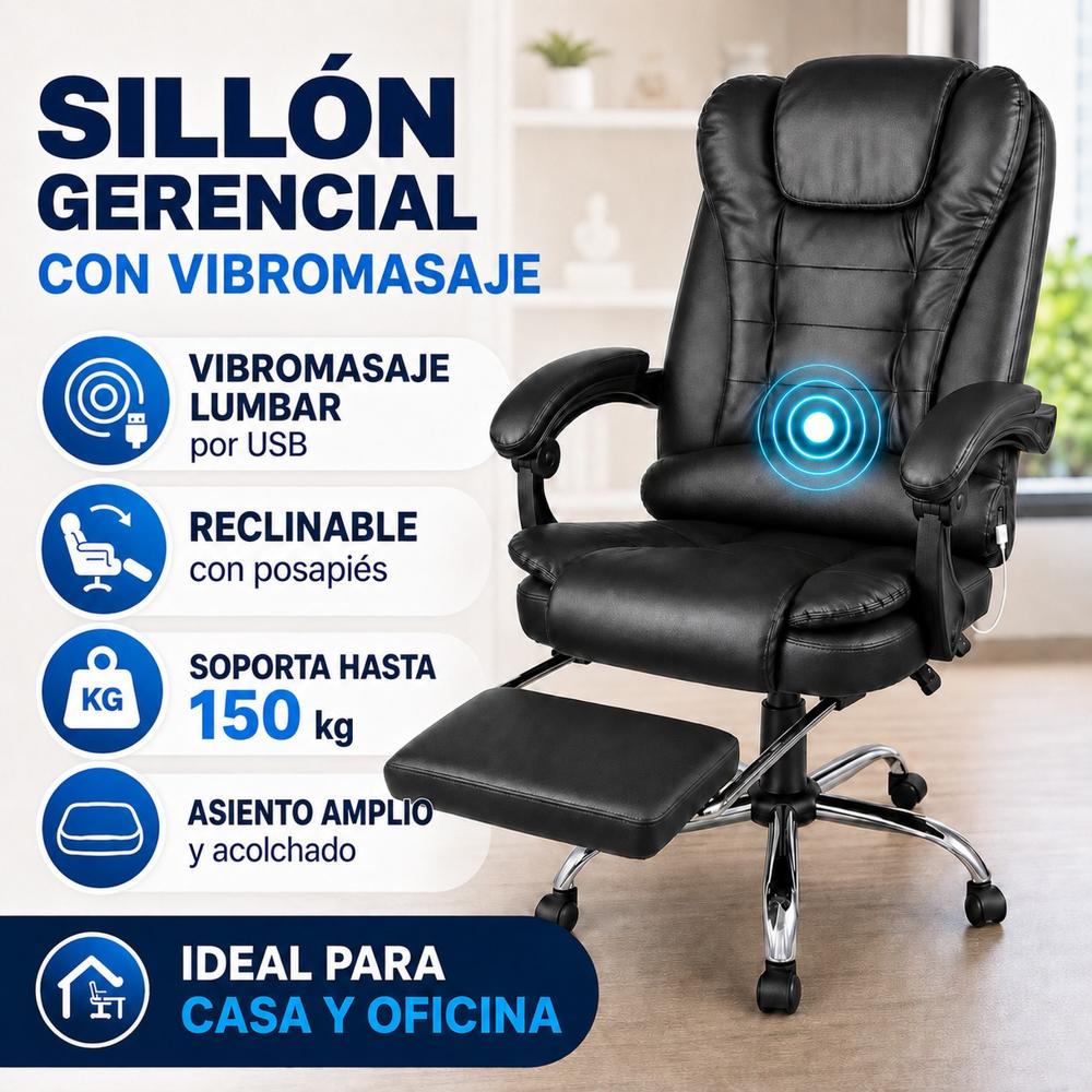 SILLON MASAJEADOR GERENCIAL CON VIBROMASAJES LUMBAR RECLINABLE ERGONÓMICO CON REPOSAPIÉS BERLIN 707