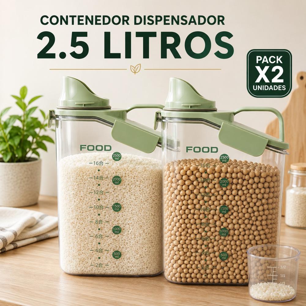 Dispensador Hermético Para Alimentos 2500 Ml Food por 2 unidades Verde