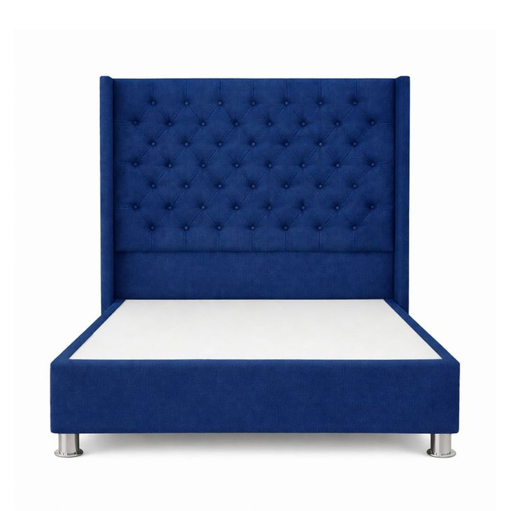 Cama Tapizada Confort Capitoné Cromo Azul 1.5 Plz