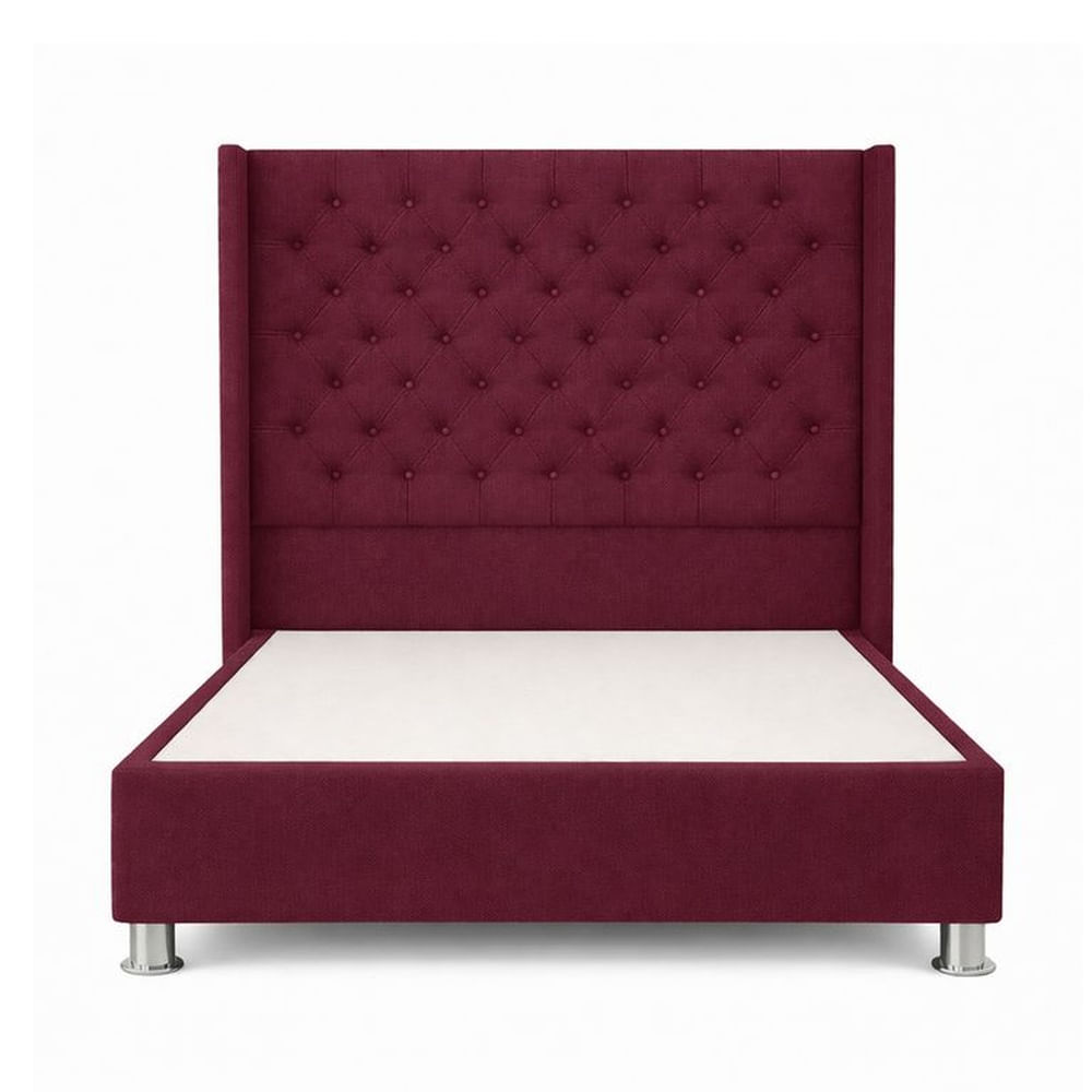 Cama Tapizada Confort Capitoné Cromo Guinda 1.5 Plz