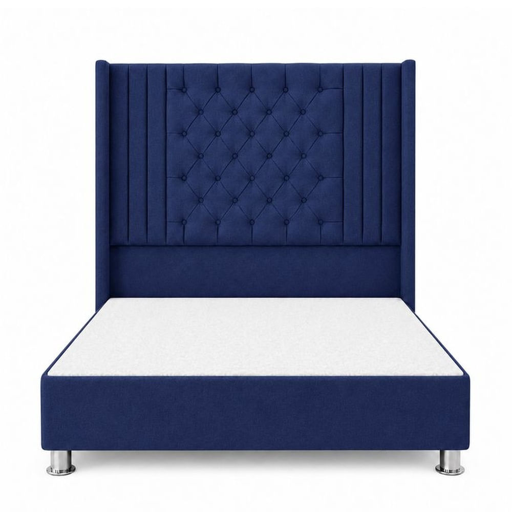 Cama Tapizada Confort Aurora Capitoné Cromo Azul 1.5 Plz