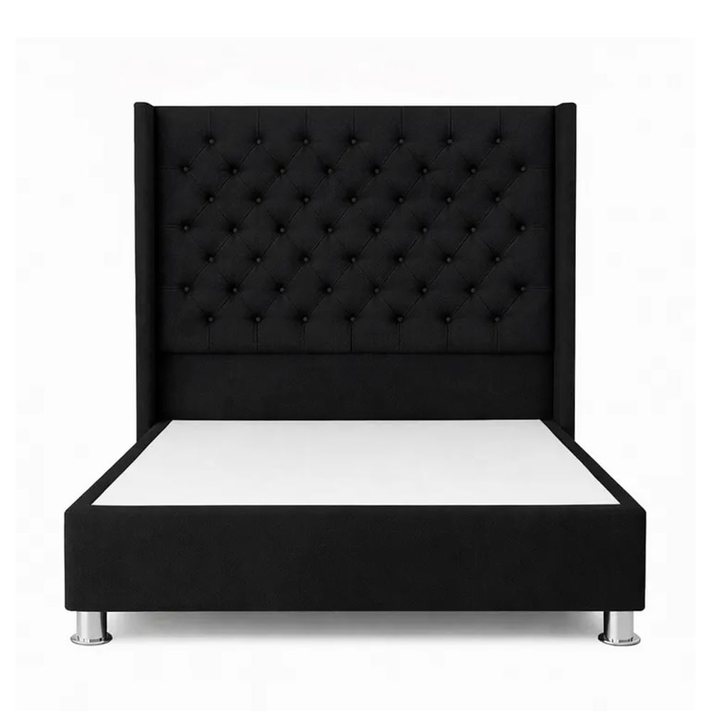 Cama Tapizada Confort Capitoné Cromo Negro 1.5 Plz