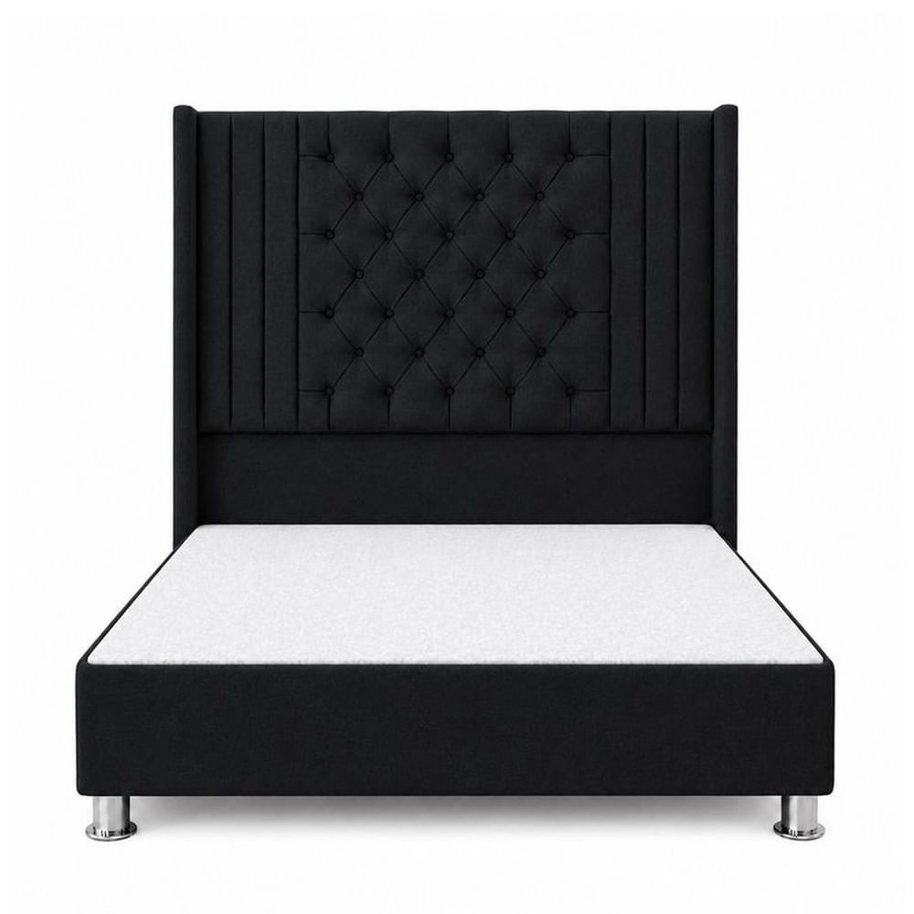 Cama Tapizada Confort Aurora Capitoné Cromo Negro 1.5 Plz