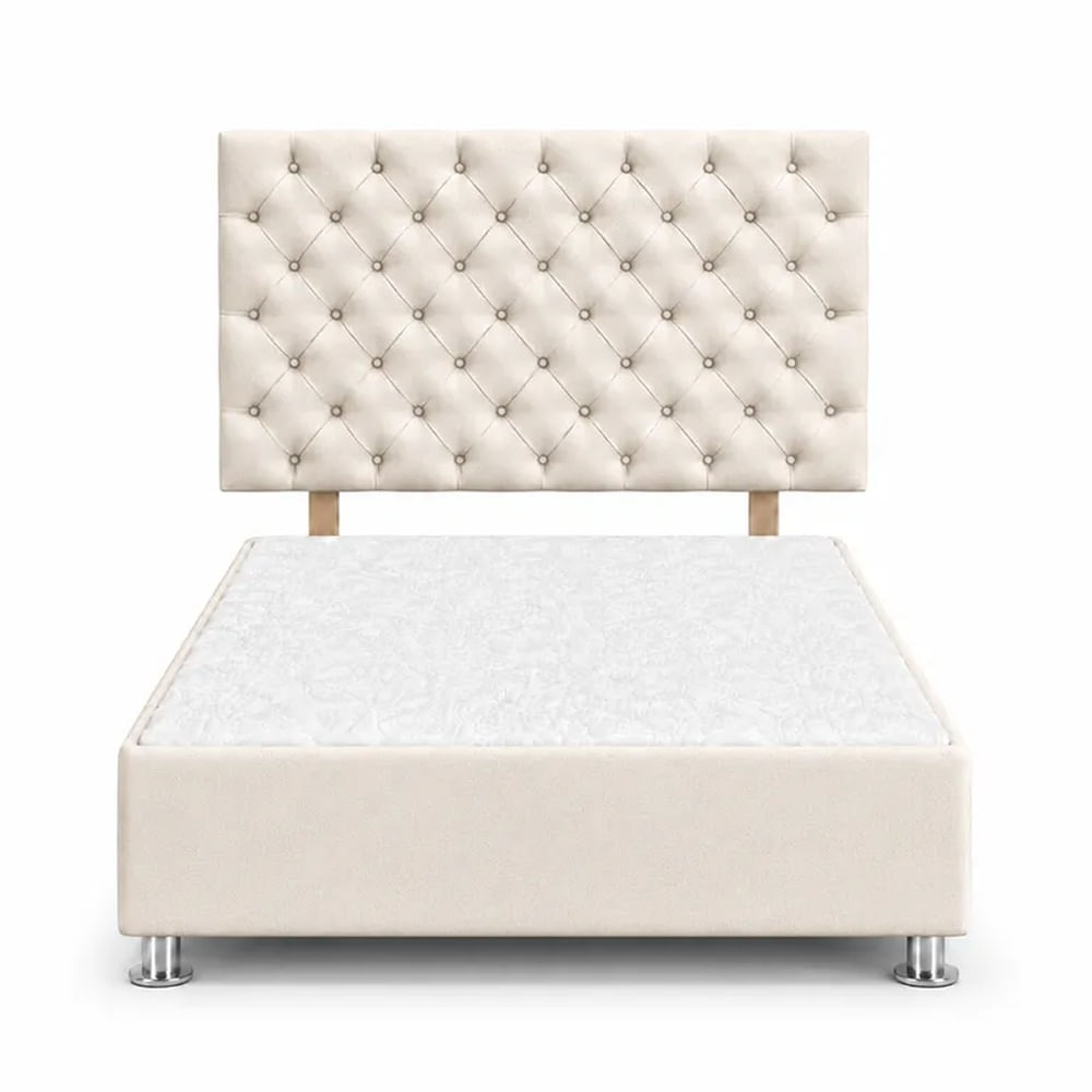 Cama Tapizada Aria Cromo Capitoné Ivory 2 Plazas