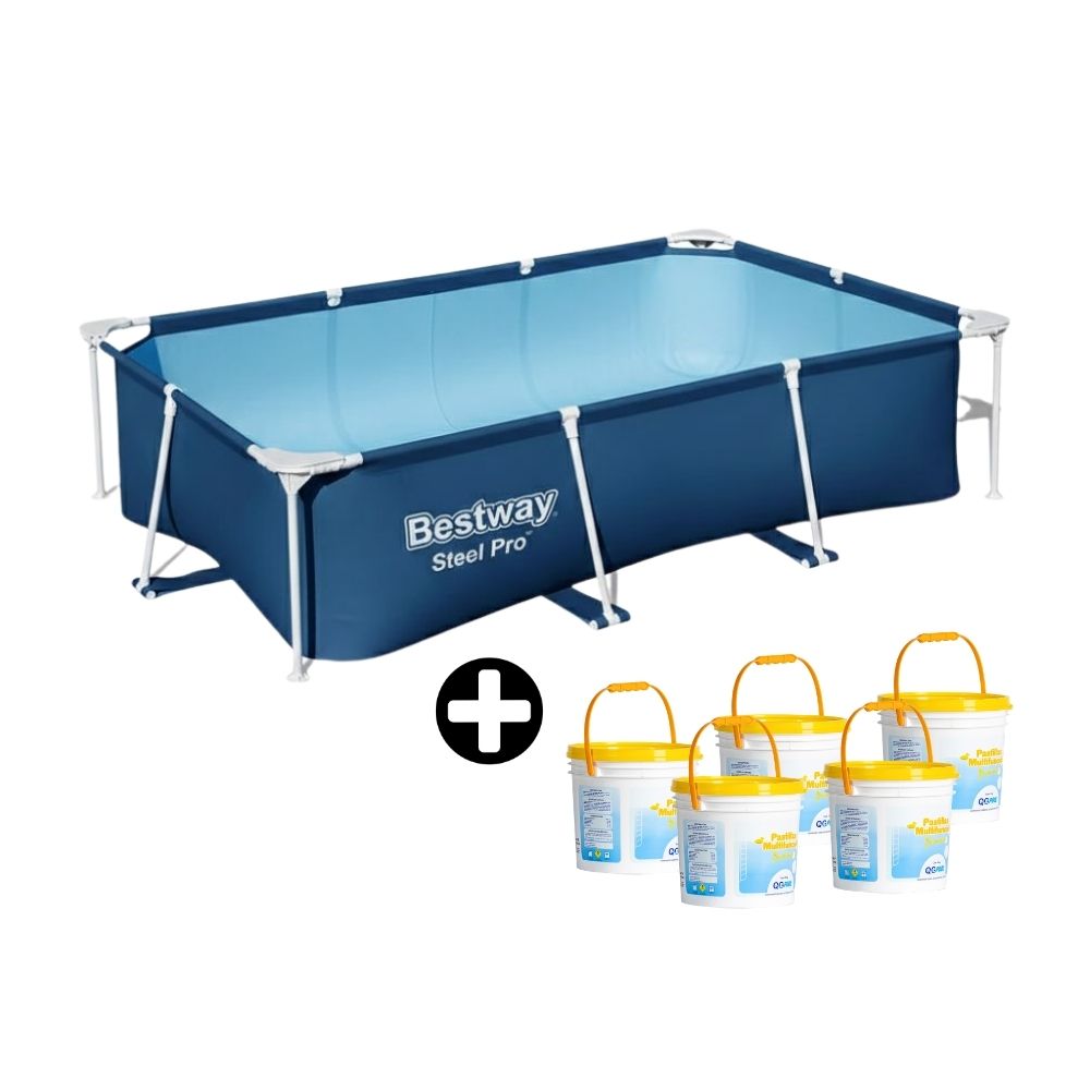 COMBO: Piscina Estructural Rectangular Bestway Steel Pro 2300L 259x170x61cm Azul+ 5 Tabletas Multifunción Pluschlor 4kg Blanco