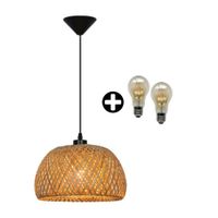 COMBO Orange: Lámpara Colgante Mini Maya 1 Luz E27 Bambú + Pack X 2 Foco LED Bulbo Ambar 5.5W Luz Cálida