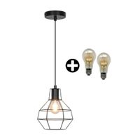 COMBO Orange: Lámpara Colgante Trendy Luchi E27 Negro + Pack X 2 Foco LED Bulbo Ambar 5.5W Luz Cálida