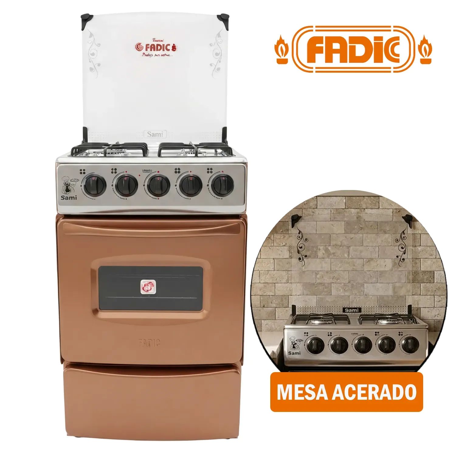 Cocina Fadic con tapa de vidrio y horno Sami 4H COBRE