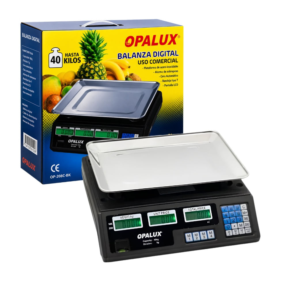 Balanza Electrónica Comercial 40kg Acero Inoxidable LCD Doble Opalux OP-208C-BK Negra