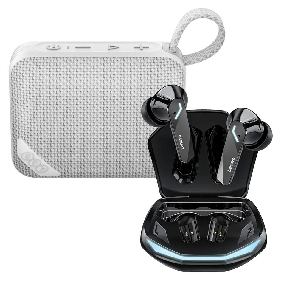 Combo Parlante QCY SP2 Gris -  Audífonos Lenovo GM2 Pro Negro