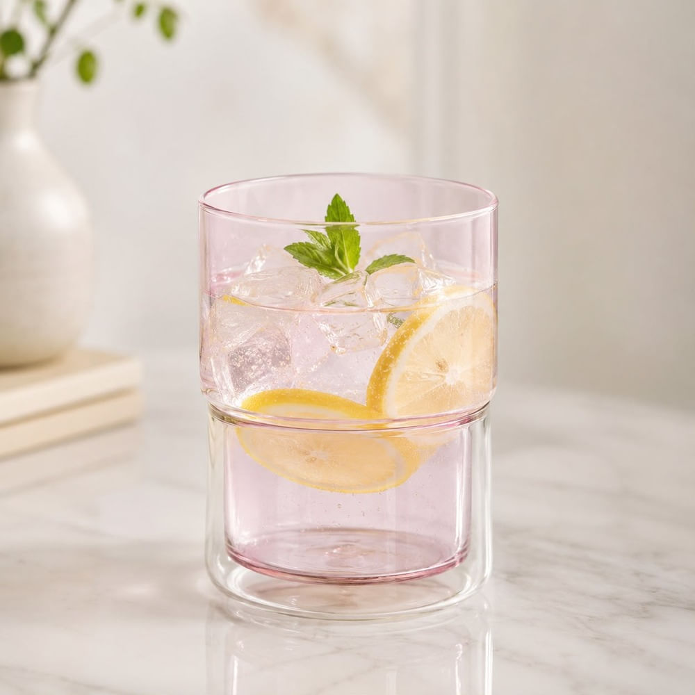 6 Vasos Doble Pared Rosado 350 ml Para Bebidas Frias y Calientes