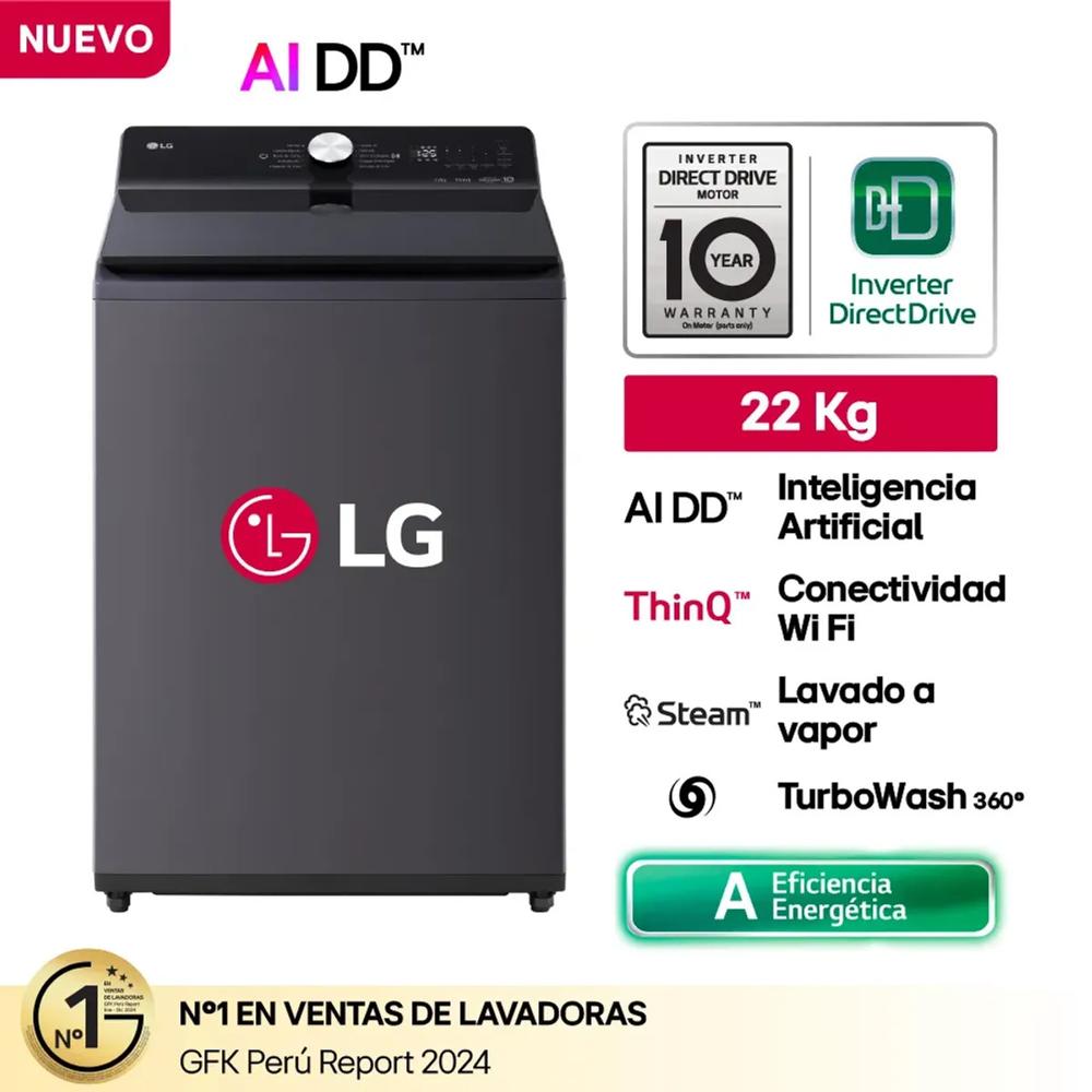 Lavadora 22Kg AI DD Carga Superior Negro Plateado LG WT22EGTXS