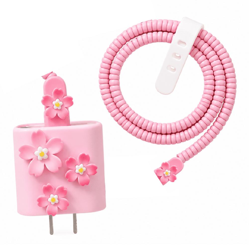 CASE PROTECTOR ROSADO CON FLORES PARA CARGADOR IPHONE