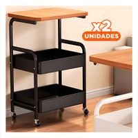 Pack2 Soporte Carrito con Mesa 3 Niveles Estructura Practica con Ruedas Negro Y Papel Regalo