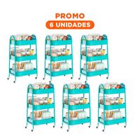 Pack6 Carrito movil 3 niveles con ruedas y asas metal celeste versatil